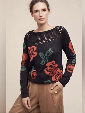 Tracy Reese Black Crewneck Sweater with Red Rose and Green Leaf Intarsia